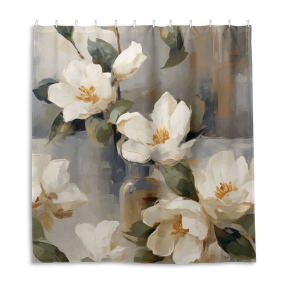White Elegant Gardenia Shower Curtain Liner 66x72 Inch Waterproof Shower Curtains Decorative Bathroom with 12 Pack Hooks