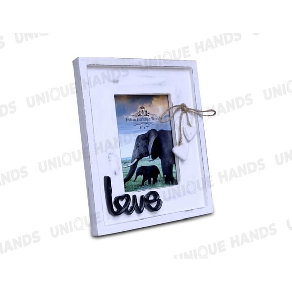 White Elegant Hand-Carved Mango Wood Photo Frame Rectangular, Table Top Display, Enamel & Natural Finish