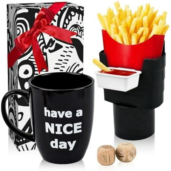 White Elephant Gifts for Adults, Funny Coffee Mug with Finger on the Bottom, French Fry Holder & Sauce Holder Set, Date Night Ideas Food Choice Dice, Gag Gifts Stocking Stuffers for Men Women - Black