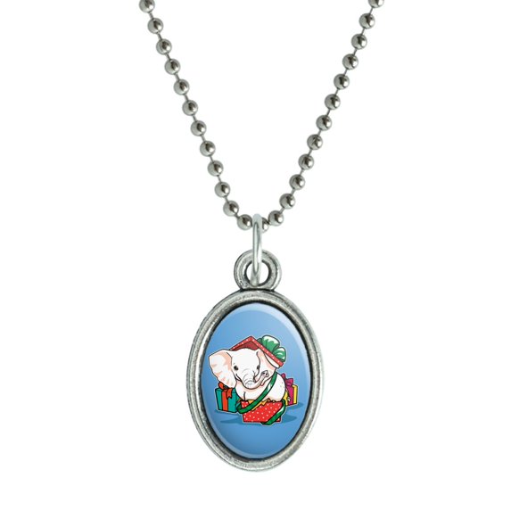 White Elephant In Present Gift Box Holiday Christmas Antiqued Oval Charm Pendant with Chain