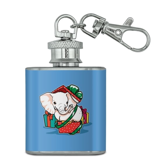 White Elephant In Present Gift Box Holiday Christmas Stainless Steel 1oz Mini Flask Key Chain