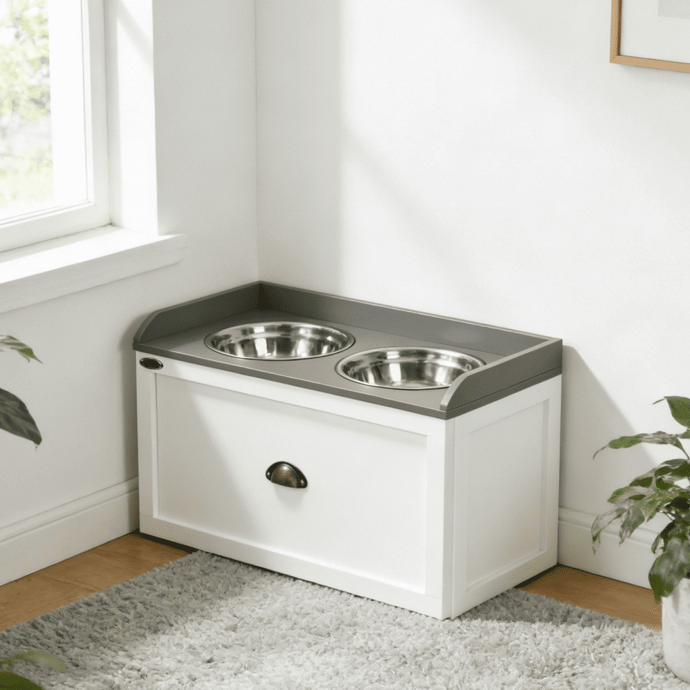 White Elevated Dog Feeding Station with Storage & 2 Bowls