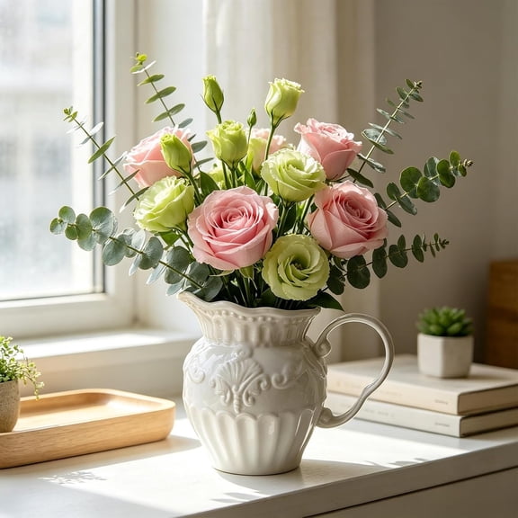 White Embossed Ceramic Creamer Pitcher with Handle Vintage Large Capacity Flower Vases Elegant Milk Jug Farmhouse Serving Container for Pour Spout Coffee Tea Syrup Flowers