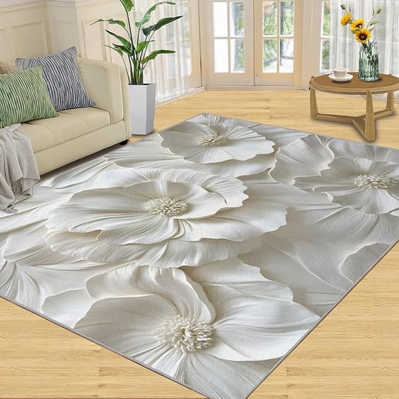 White Embossed Floral Area Rug, White Floral Marble Rug, Marble Rugs for Living Room, Indoor Non-Slip Rugs, Machine Washable Carpet for Front Entrance Floor Decor 3 x 4ft