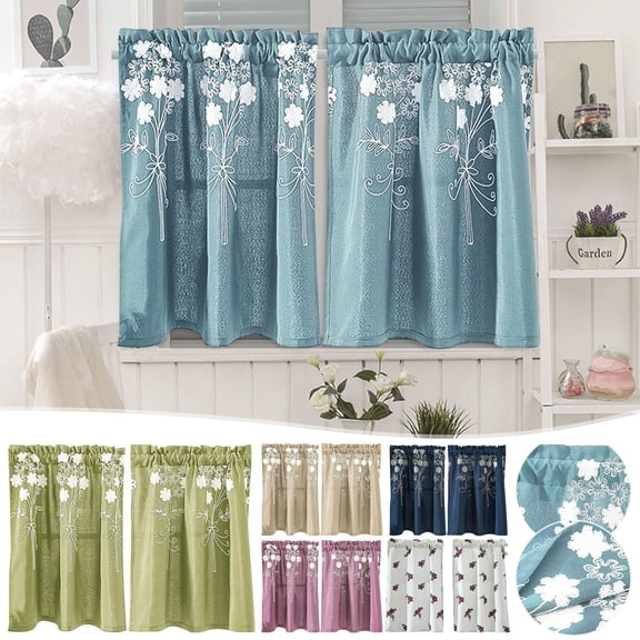 White Embroidered Floral Short Curtain, 29 X 24 Inch Poly Cotton Half Curtain for Kitchen Bathroom Small Window, Light Filtering Decorative Window for Home Use