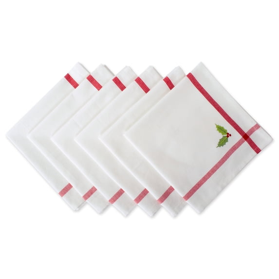 Contemporary Home Living Set of 6 White Embroidered Holly Corner with Red Bordered Napkin, 20"