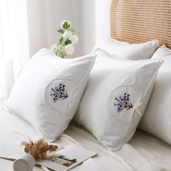 White Embroidery Pillowcases Lavender Flower Pillow Shams with lace 100% Cotton 2-Pack Standard Size 26"x20"