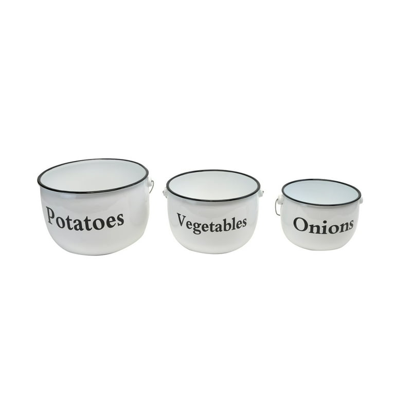 3pc Set White Enamel Produce Storage Bucket Metal Vegetable Bin Farmhouse Decor 3pc Set White Enamel Produce Storage Bucket Metal Vegetable Bin Farmhouse Decor