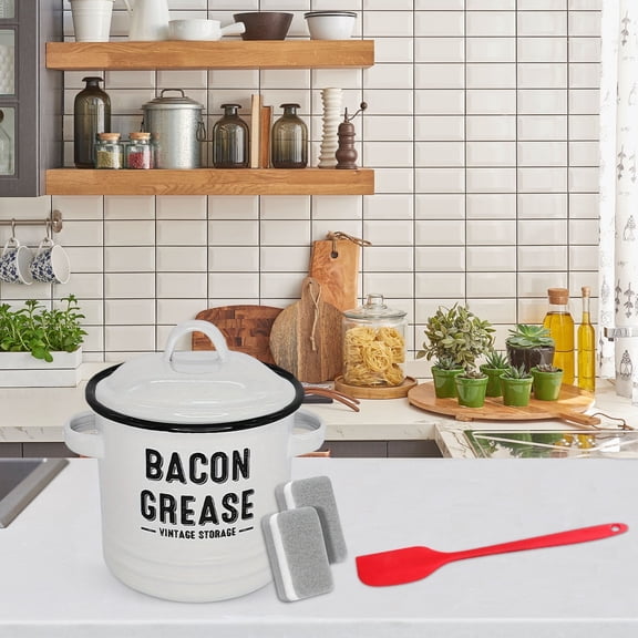 White Enamel Bacon Grease Container with Strainer, Vintage Farmhouse Fat Keeper with Red Spatula and Cleaning Sponges, Dishwasher Safe Storage for Bacon Drippings, Kitchen Countertop Organizer