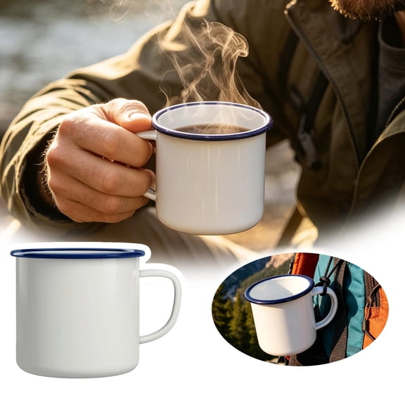 White Enamel Camping Mug with Blue Rim  Large 12 oz Metal Coffee Cup for Outdoor Hiking, Campervan, Picnic & Home  Durable Shatterproof Design  Classic Retro Style for Hot Drinks Cocoa