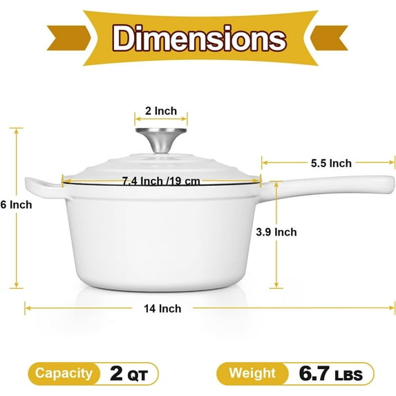 White Enamel Cast Iron Saucepan 2 QT with Lid, Non Stick for Cooking Milk, Pasta, Soup, Easy to Clean