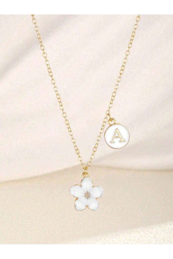 White Enamel Five-Petal Flower And Initial A Double Pendant Necklace Goldtone Chain