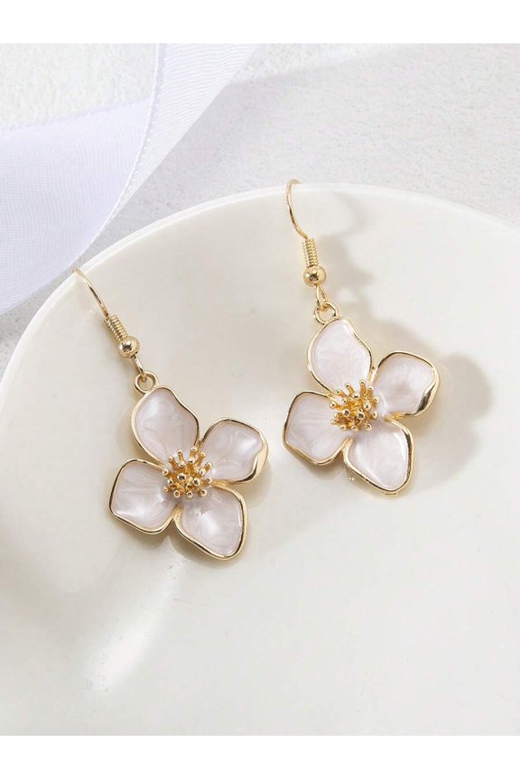 White Enamel Floral Dangle Earrings With Goldtone Setting