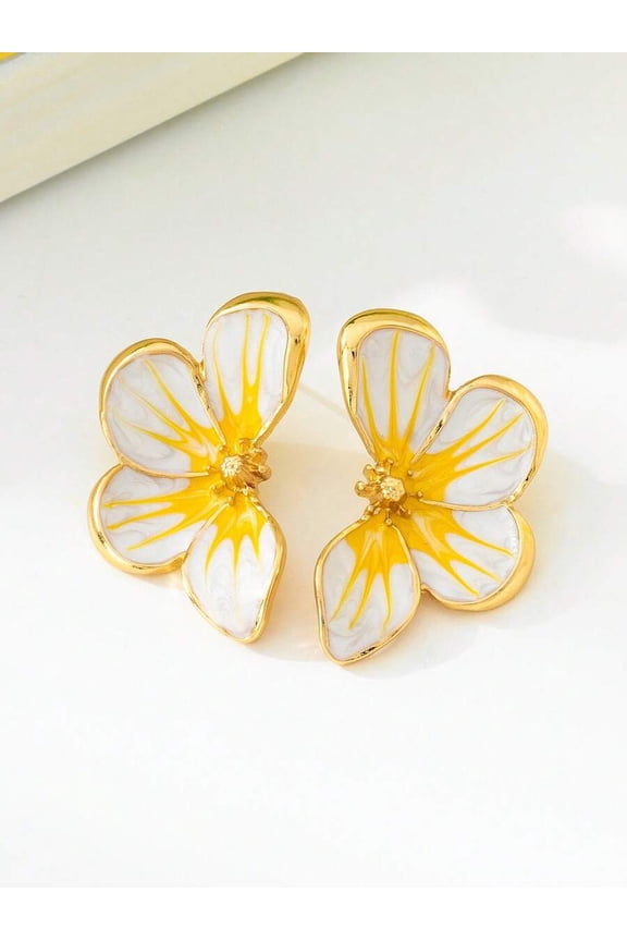 White Enamel Flower Stud Earrings With Goldtone Metal Frame
