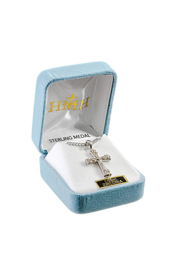 White Enameled Sterling Silver Cross with Crystal Cubic Zirconia's "CZ's"