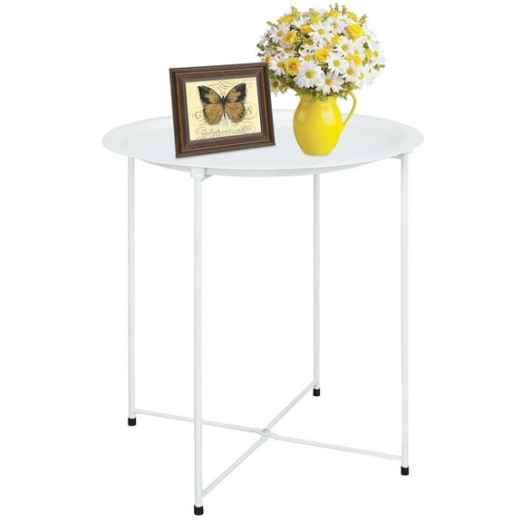 White End Table, Outdoor White Side Table for Small Spaces Accent Patio Side Table Round Metal Coffee Table Waterproof Removable Tray Table Living Room Bedroom Balcony Office