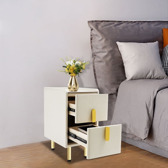 White End Table with Slate Top, 2 Drawers Nightstand Bedside Cabinet 48cm Tall, Slim Space Saving Furniture for Bedroom, Gold Handle, Living Room Accent Table
