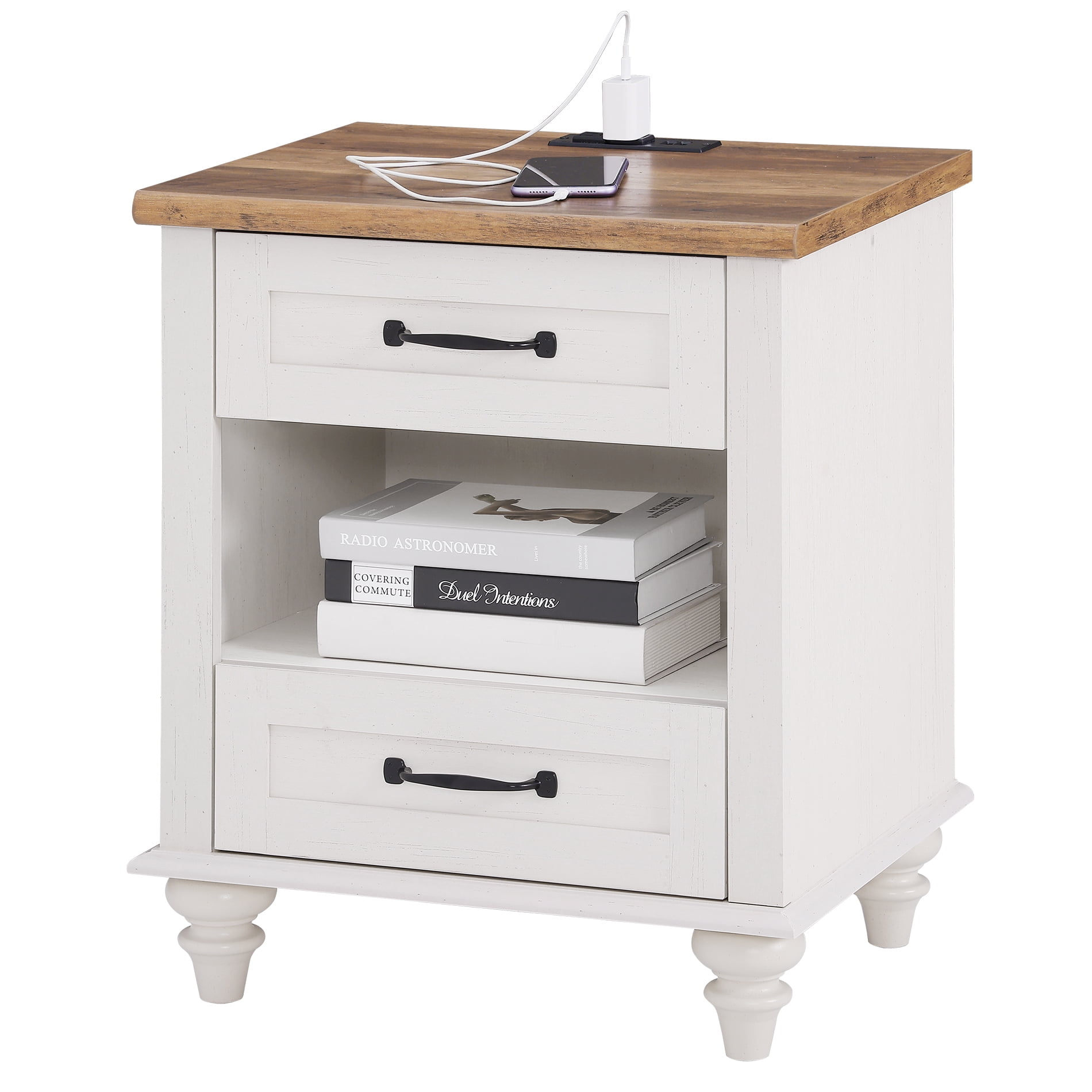 White End Table with 2 Drawer&Open Shelf,Wood Nightstand Bedside Table for  Bedroom, Living Room