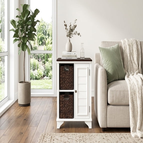 White End Table with Storage Baskets and Cabinet - American Style Accent Table
