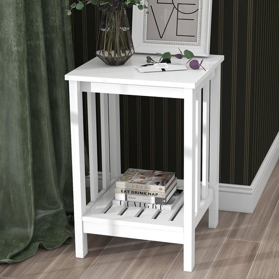 White Slim Square Wooden End Table with Open Storage Shelf, Modern Rustic Multi-Scene Side Bedside Table for Living Room Bedroom Office