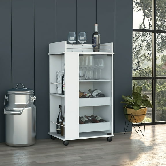 White Engineered Wood Bar Cart, 2 Shelf & Glass Door For Drinks Display Cart With , And Party Use