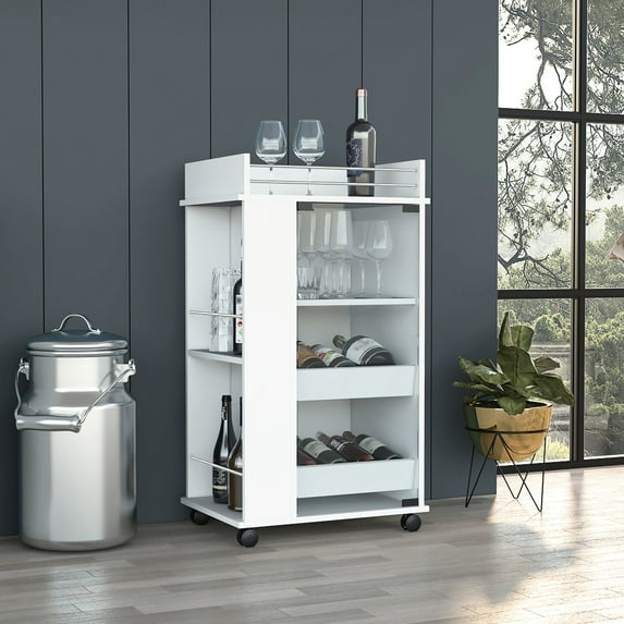 White Engineered Wood Bar Cart | Provides Space for Glassware Display in Home