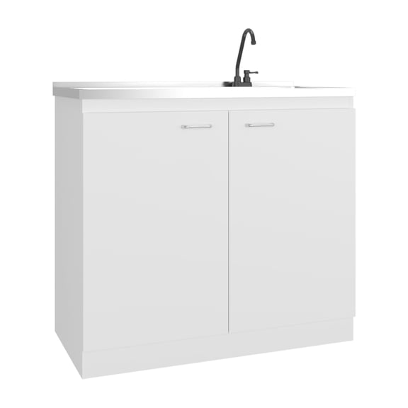 White Engineered Wood Freestanding Utility Sink with Faucet, Integrated Stainless Steel Countertop, Two-Door Cabinet with Shelves, 20.6L x 39.4W x 35.4H Inches, for Kitchen, Office, Garage