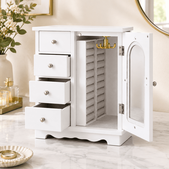 White Engineered Wood & Makeup Organizer with 4 Drawers and Rotating Necklace Holder