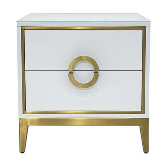 White Engineered Wood Night Stand with Matte Gold Frame and Circular Handles