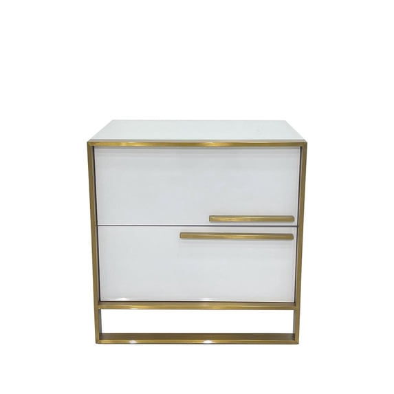 White Engineered Wood Night Stand with Matte Gold Frame and Linear Handles
