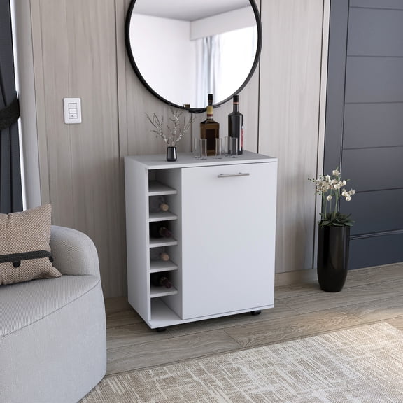 White Engineered Wood Wick Bar Cart, Featuring Wine Storage, Ample Inner Cabinet Space, Smooth For Dining Room Cart With Storage Compartment, Expansive Cabinet, Smooth-moving Wheels