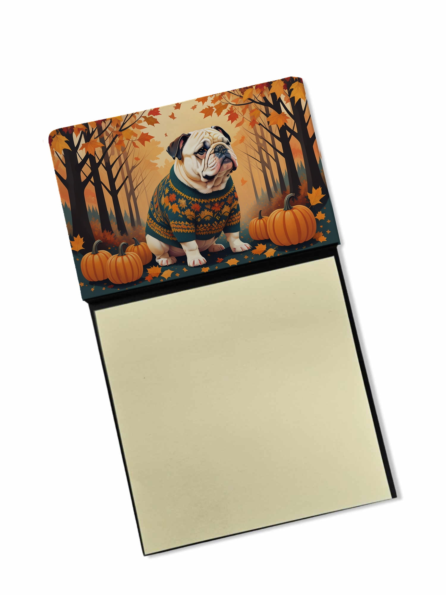 White English Bulldog Fall Sticky Note Holder 3.25 in x 5.25 in