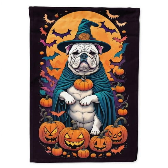 White English Bulldog Witchy Halloween House Flag