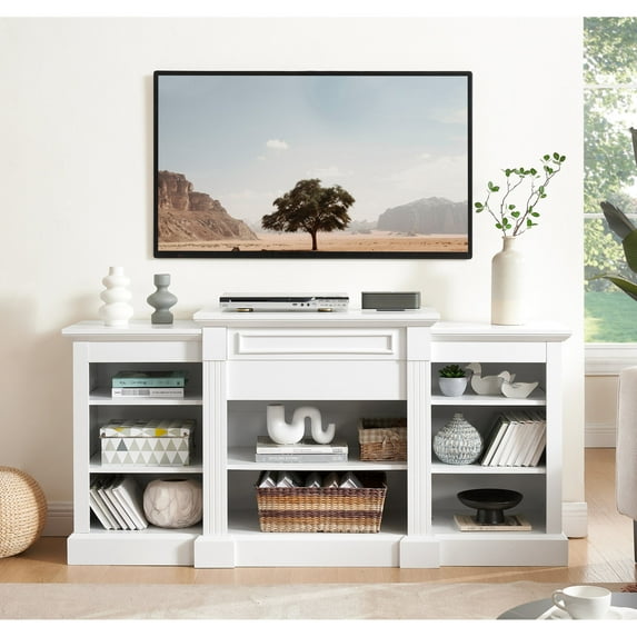 White Entertainment Stand with Adjustable Shelving | Multifunctional Use, Cable Cutouts | Simple Design, Strong Decorative Outline