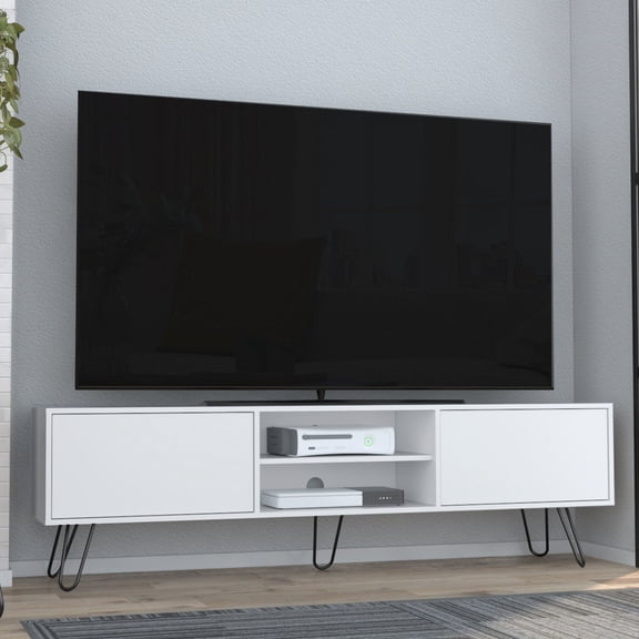 White Entertainment Unit with Open Middle Shelves / Spacious Storage for Living Room