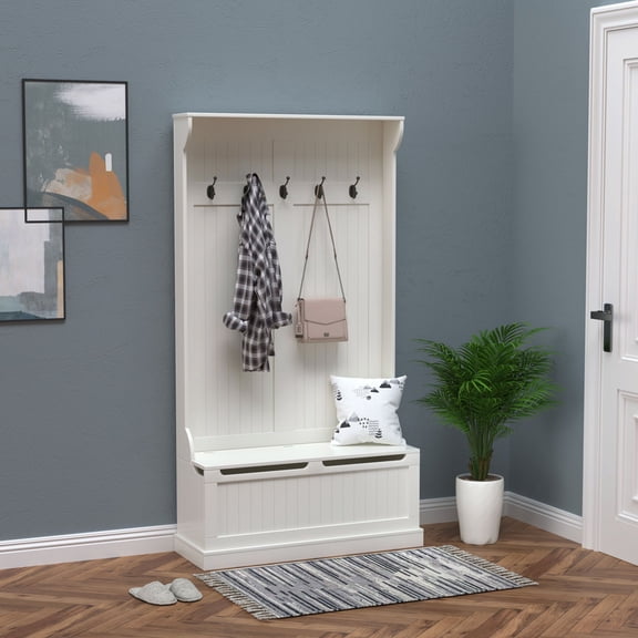 White Entryway Hall Tree with Storage Bench, 71-Inch Coat Rack and Shoe Organizer
