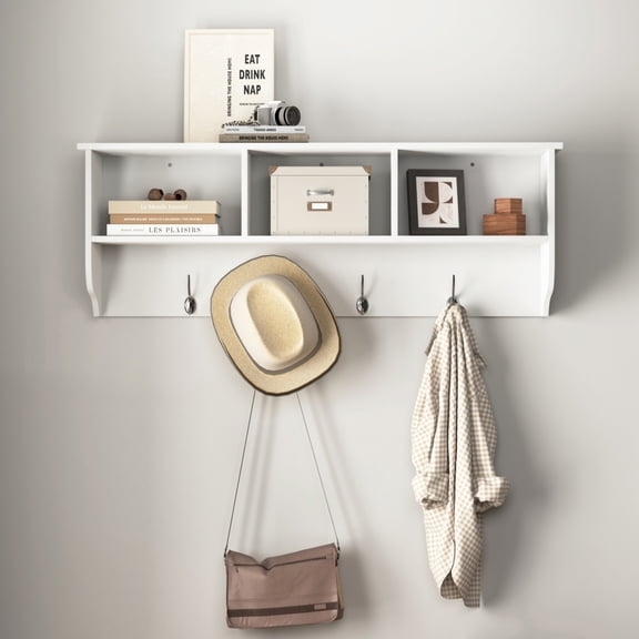 White Entryway Living Room Storage Shelf Wall Mounted MDF Coat Rack with 4 Dual Hooks 3 Built in Cubbies