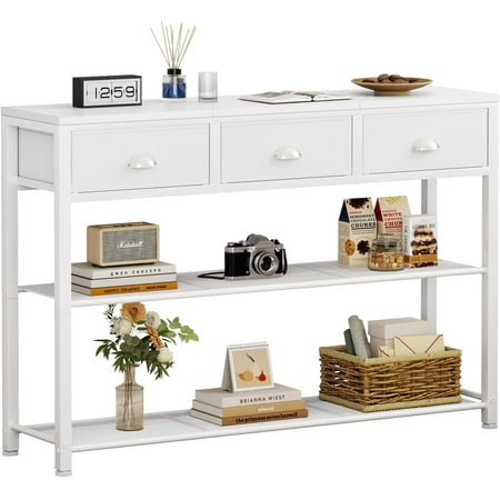 White Entryway Table, 38'' Console Sofa Table with 3 Fabric Drawers, Industrial Entry Way Table with Storage Shelves, Display Shelf for Living Room, Hallway, Entrance, Foyer