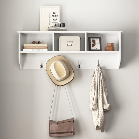 White Entryway Wall Mounted Coat Rack with 4 Dual Hooks, Wooden Storage Shelf for Living Room, Hallway Organizer, 38.6 Inch, MDF Cabinet with Cubbies, Heavy Duty 55 lbs Load Capacity