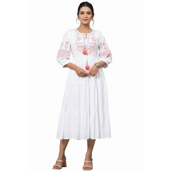 White Ethnic Motif Printed Rayon Slub Flared Dress With Thread Embroidery
