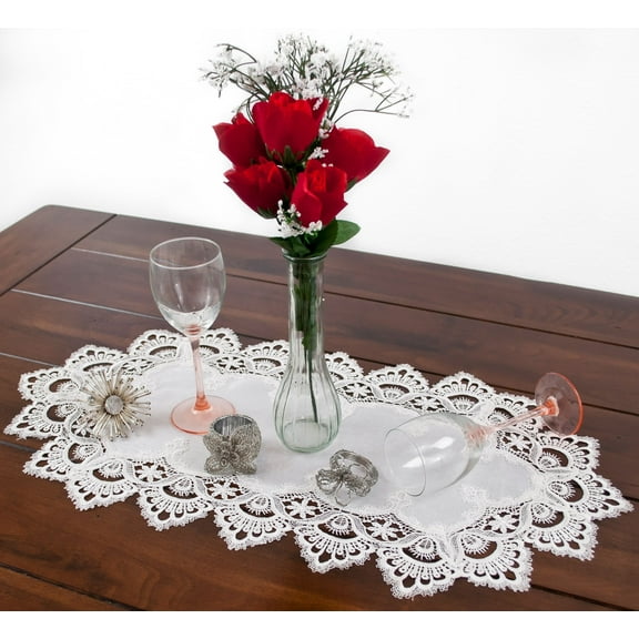White European Lace and Antique Jacquard Fabric Table Runner (14" x 27" | 16" x 35"/44"/54" 14"x70")