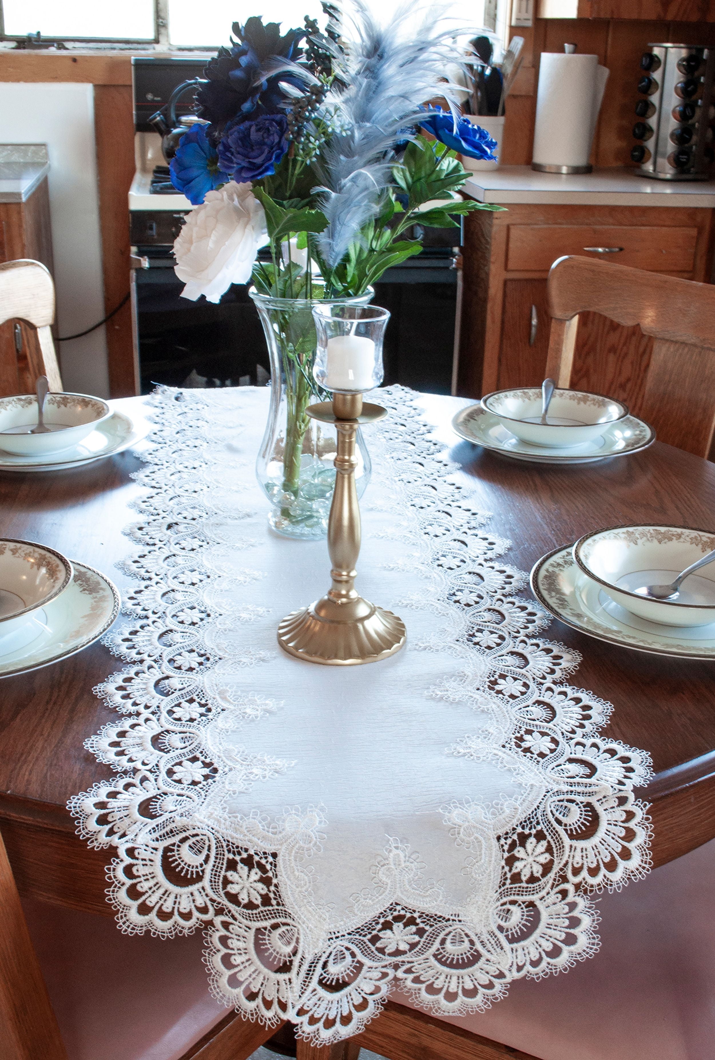 White European Lace and Antique Jacquard Fabric Table Runner (14" x 27" | 16" x 35"/44"/54" 14"x70")