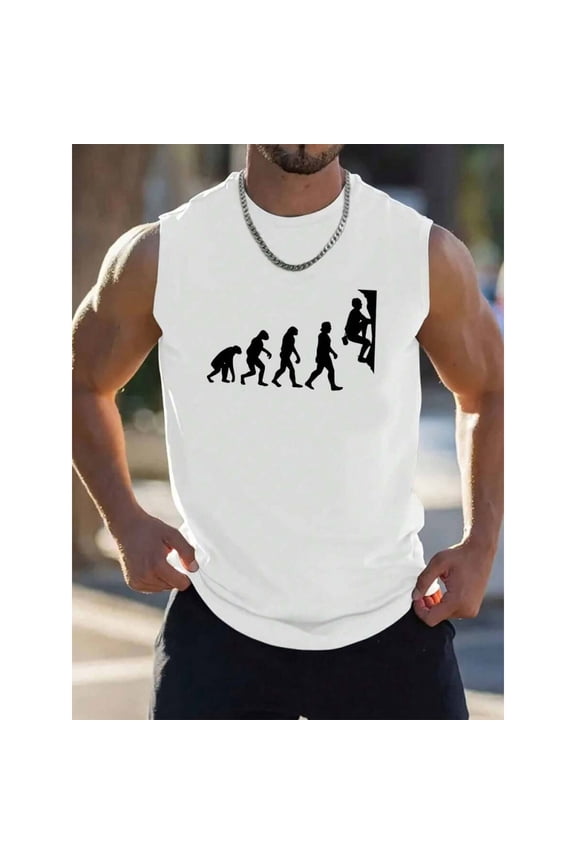 White Evolution Rock Climbing Sleeveless Tank Top For Men - Graphic Design Athletic Vest