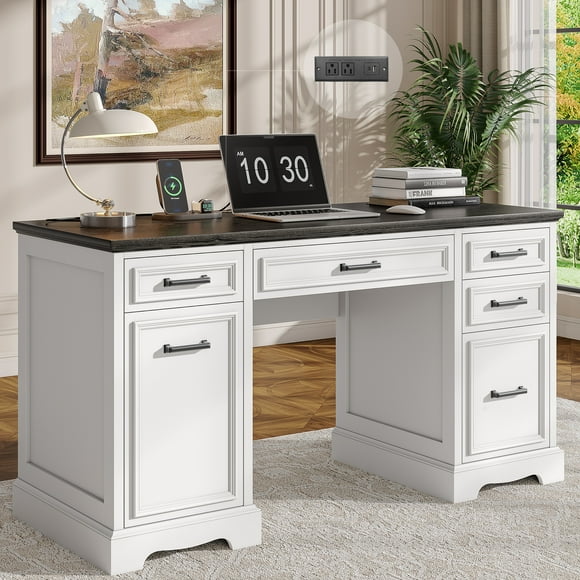 White Executive Home Office Desk with Charging Station and Drawers for Work Study Writing, 55.1" Farmhouse Computer Desk with Storage File Drawers for Home Office Men Women