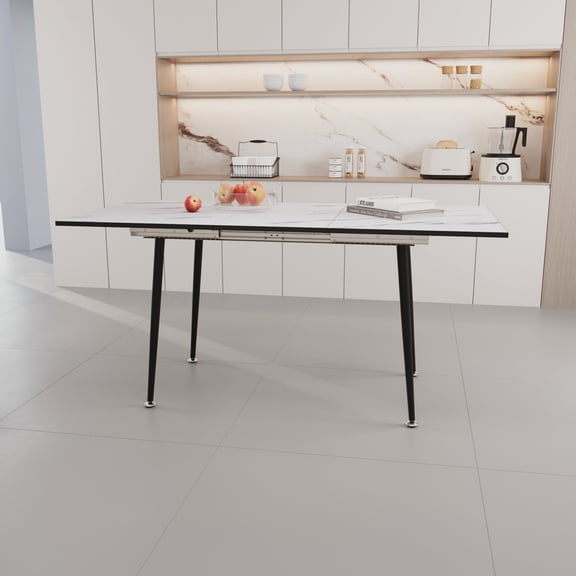 White Expandable Dining Table 47"-63", MDF Marble Pattern with Black Metal Legs, Modern Industrial Table for Kitchen & Dining Room (62.99"x31.5"x29.92", 57.64lbs)