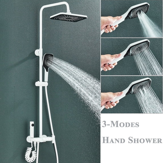 White Exposed Shower System Set Rainfall Shower Faucet Fixtures Wall Mount