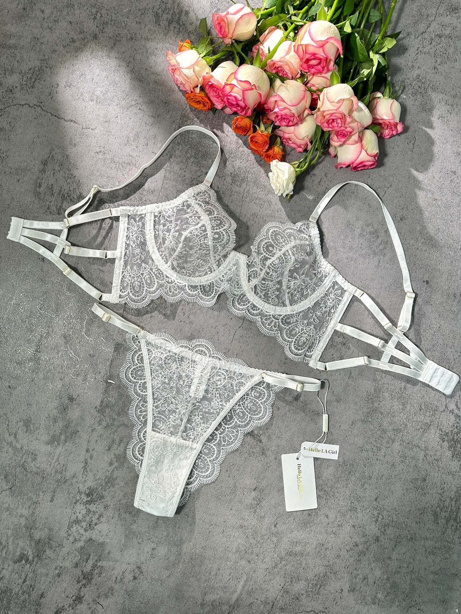 White Exquisite Lace Lingerie Set (WHITE, 2XL)