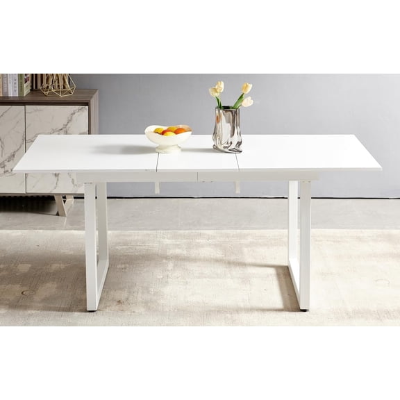 White Extendable Dining Table for 4-8 People, 55.11"-70.86" Mid Century Transformer Kitchen Dining Table with Wood Top & Sturdy Metal Frame, Modern Expandable Large Tables for Kitchen Dining Room