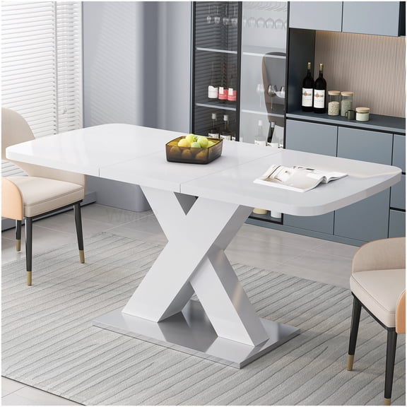 White Extendable Square Dining Table with Metal X-Base, Modern Kitchen Furniture