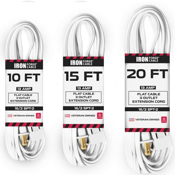 White Extension Cord 3 Pack, 10ft 15ft & 20ft - 16/2 Durable Electrical Cable